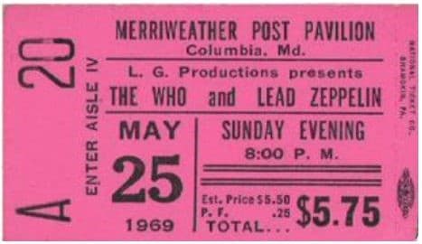 Original ticket stub: Merriweather Post Pavilion, May 25 1969 — The Who and Led Zeppelin, Sunday Evening 8:00 PM, $5.75